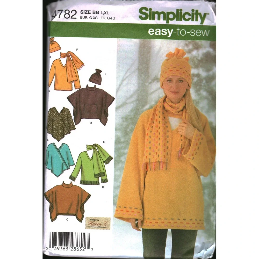 Simplicity 4782 Karen Z Sewing Pattern Misses Pullover Top Poncho Scarf Hat L XL